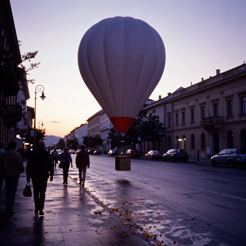 Budapest Sunset Street Scene with Weather Balloon Tarp and Fallen Petals in in Budapest, Hungary