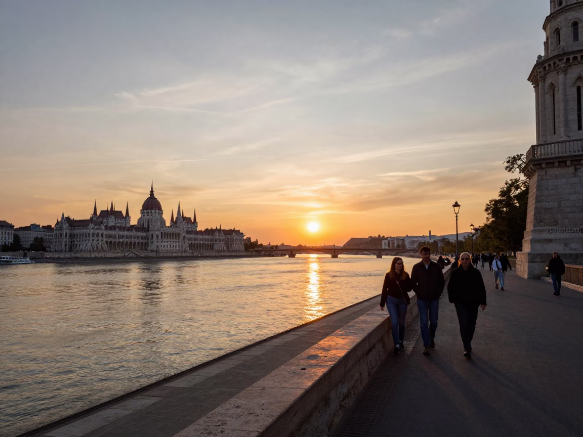 Budapest Sunset View of Danube River and Buda Castle Hill from Pest Bank in in Budapest, Hungary