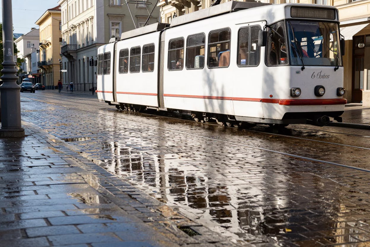 Budapest Tram Reflection on Wet Cobblestones in Bright Midmorning Light in in Budapest, Hungary