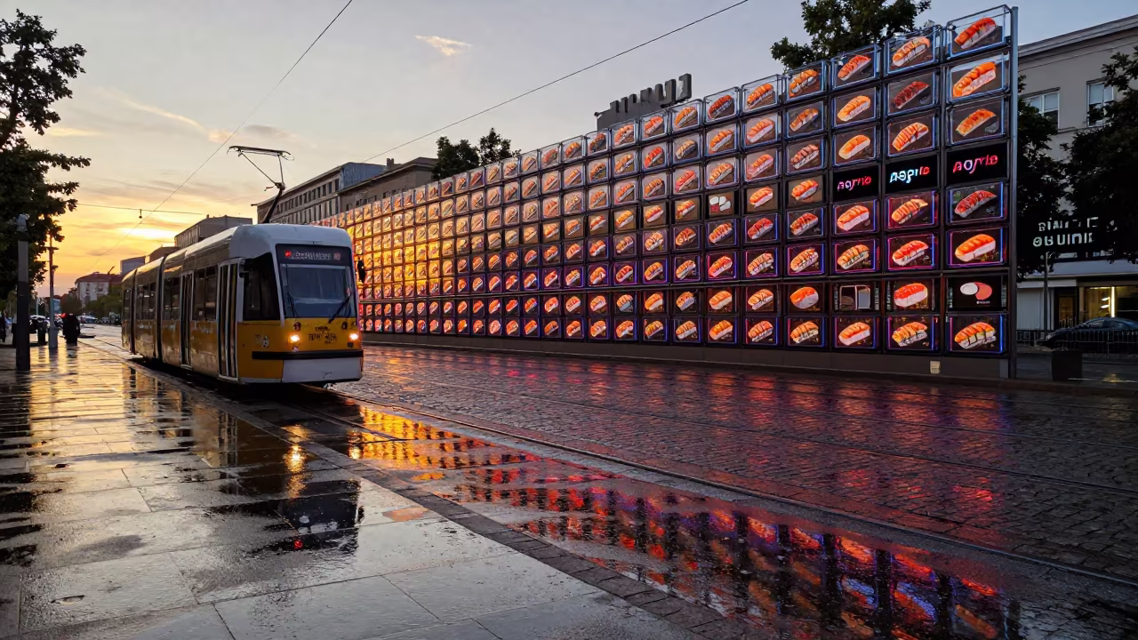 Budapest Tram Stop Neon Sushi Reflections in at a tram stop in Budapest