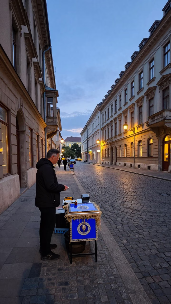 Budapest Twilight Street Scene with Blue Enamel and Twine Fibers in in Budapest, Hungary