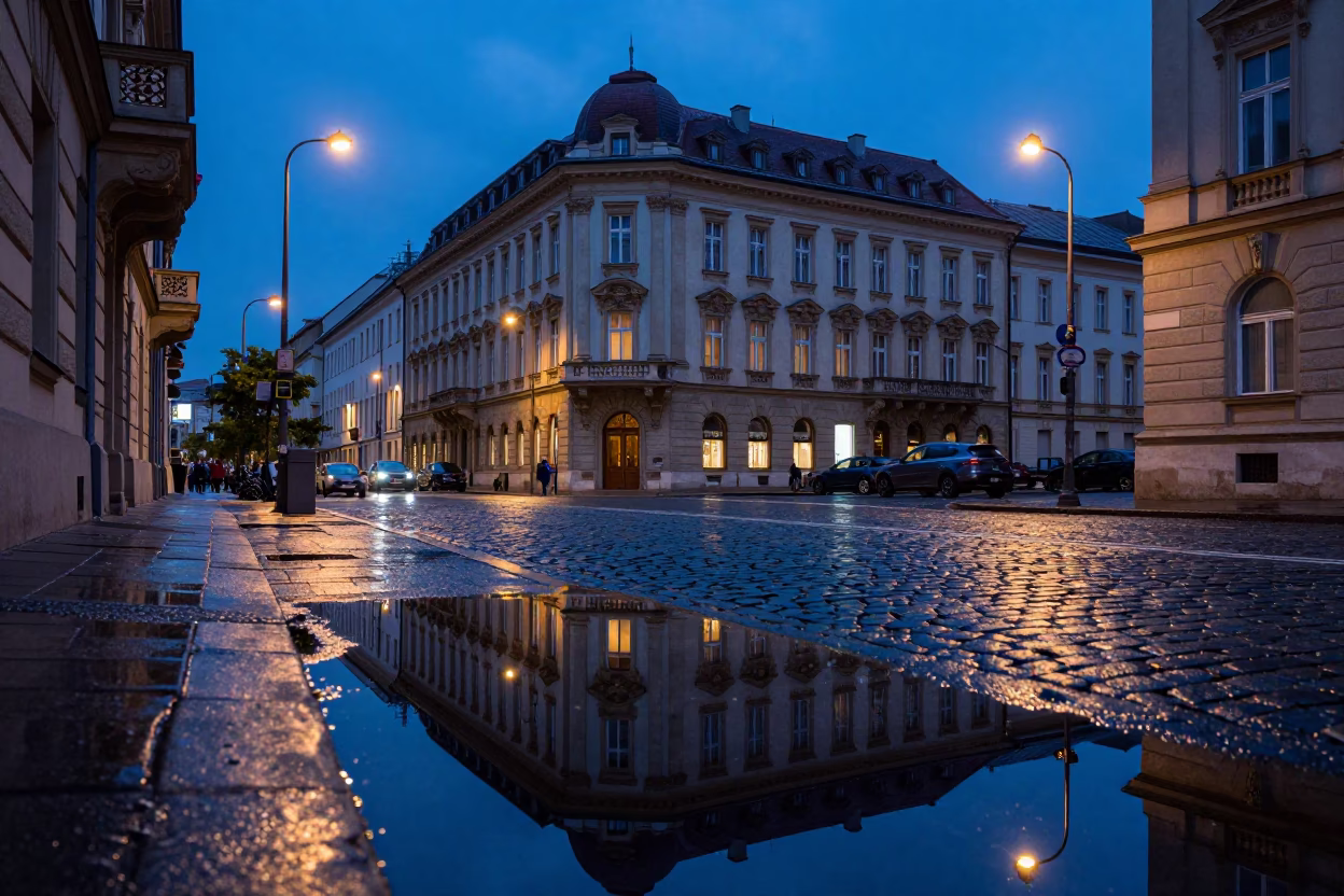 Budapest Twilight Street Scene with Puddle Reflections and Hotel Lights in in Budapest, Hungary