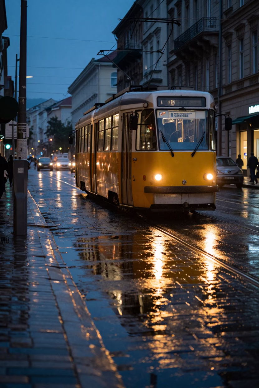 Budapest Twilight Street Scene with Tram Reflection on Wet Cobblestones and Vintage 1990s Atmosphere in in Budapest, Hungary