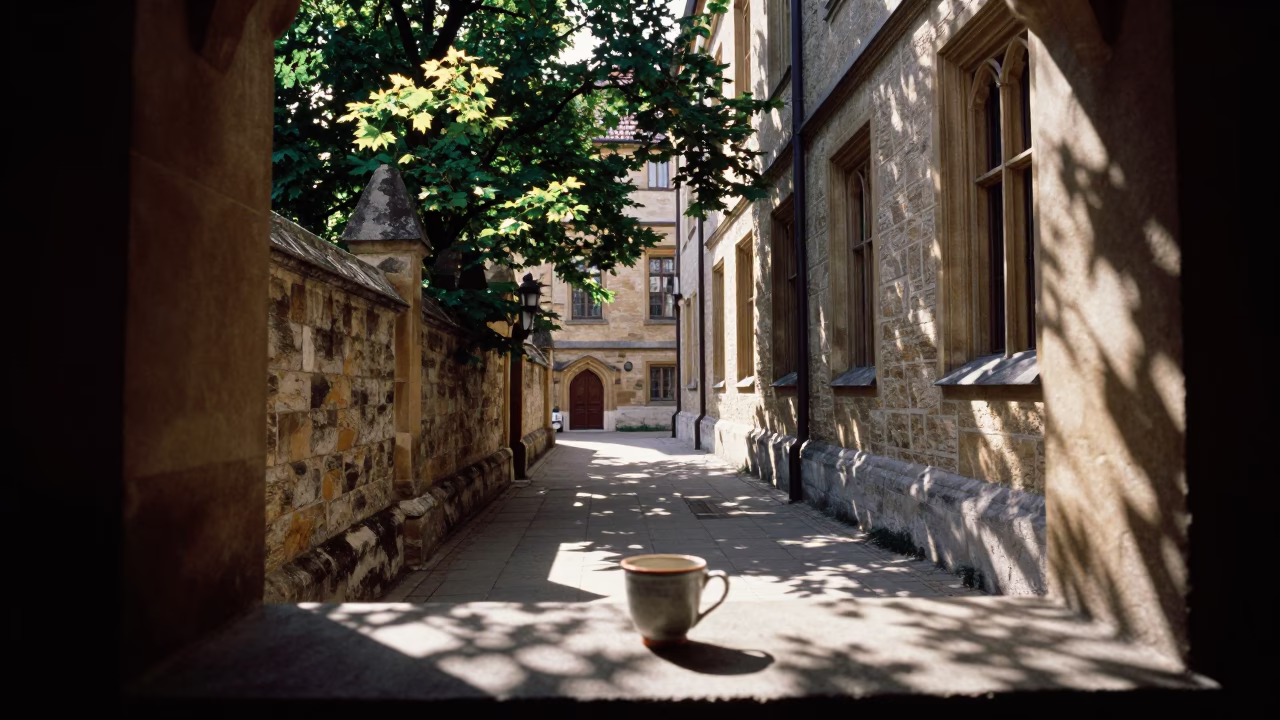 Budapest University Cloister Walkway Between Old Stone Buildings in Late Morning Light in in Budapest, Hungary