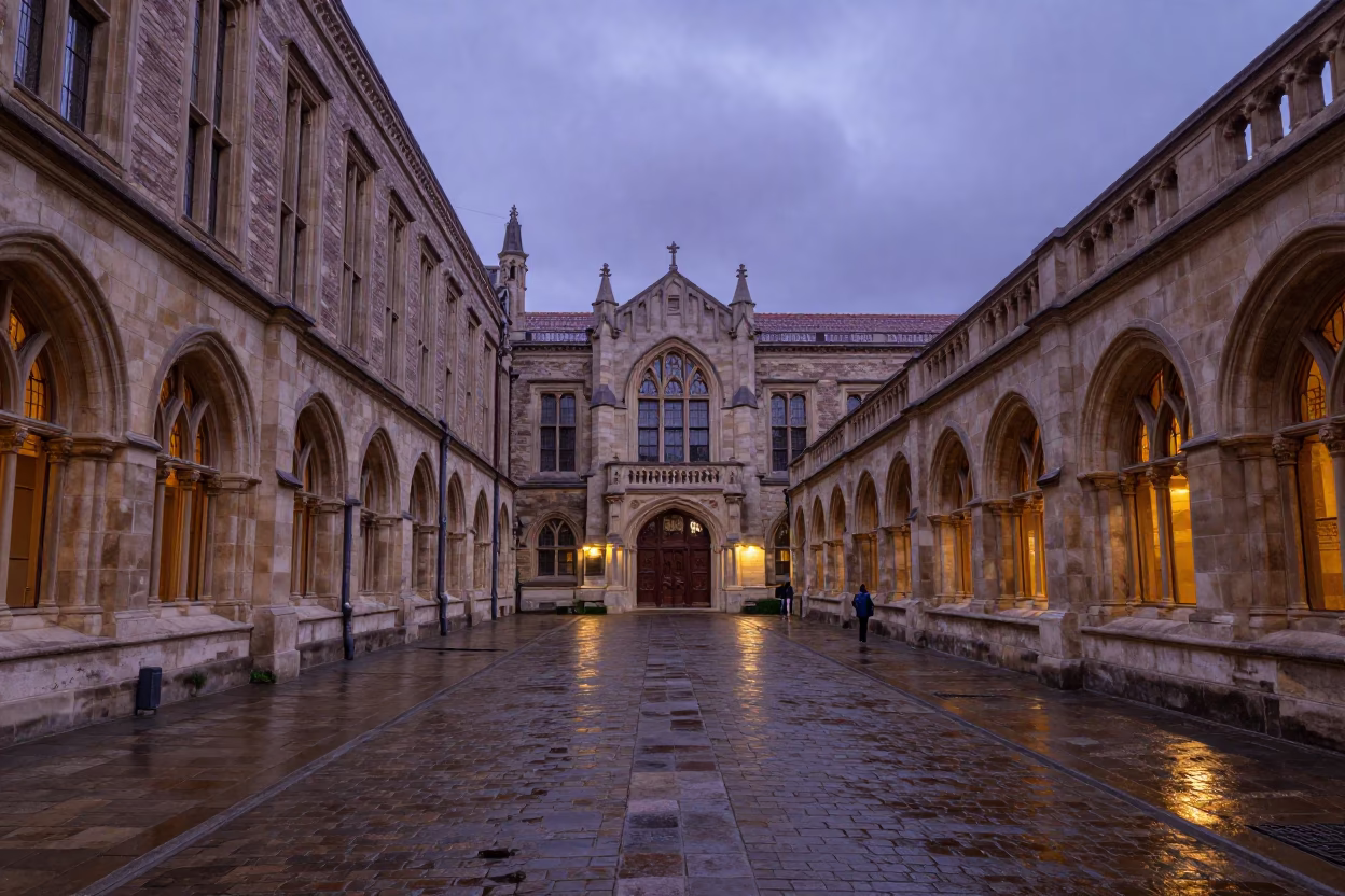 Budapest University Cloister Walkway Blue Hour Stone Architecture Evening Light in in Budapest, Hungary