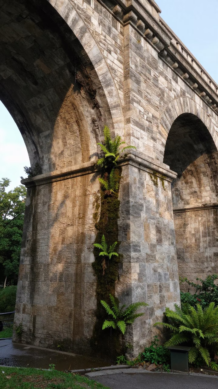 Budapest Viaduct Undercroft Late Afternoon Stone and Ferns Dripping Water in in Budapest, Hungary