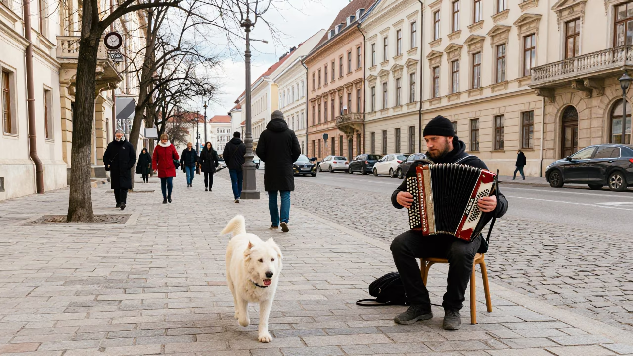 Budapest Winter Street Scene with White Dog and Accordion Player in in Budapest, Hungary