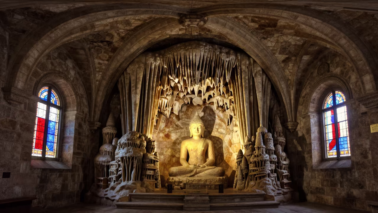 Buddha Shrine Beneath Stalactites in León Chapel in in a chapel lit by stained glass in León de Los Aldama
