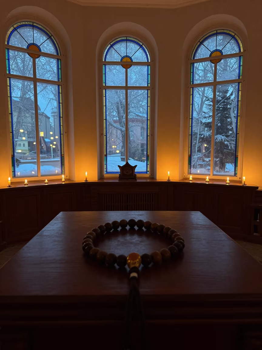 Buddhist Beads on Wooden Altar Almaty Chapel in in a chapel lit by stained glass in Almaty