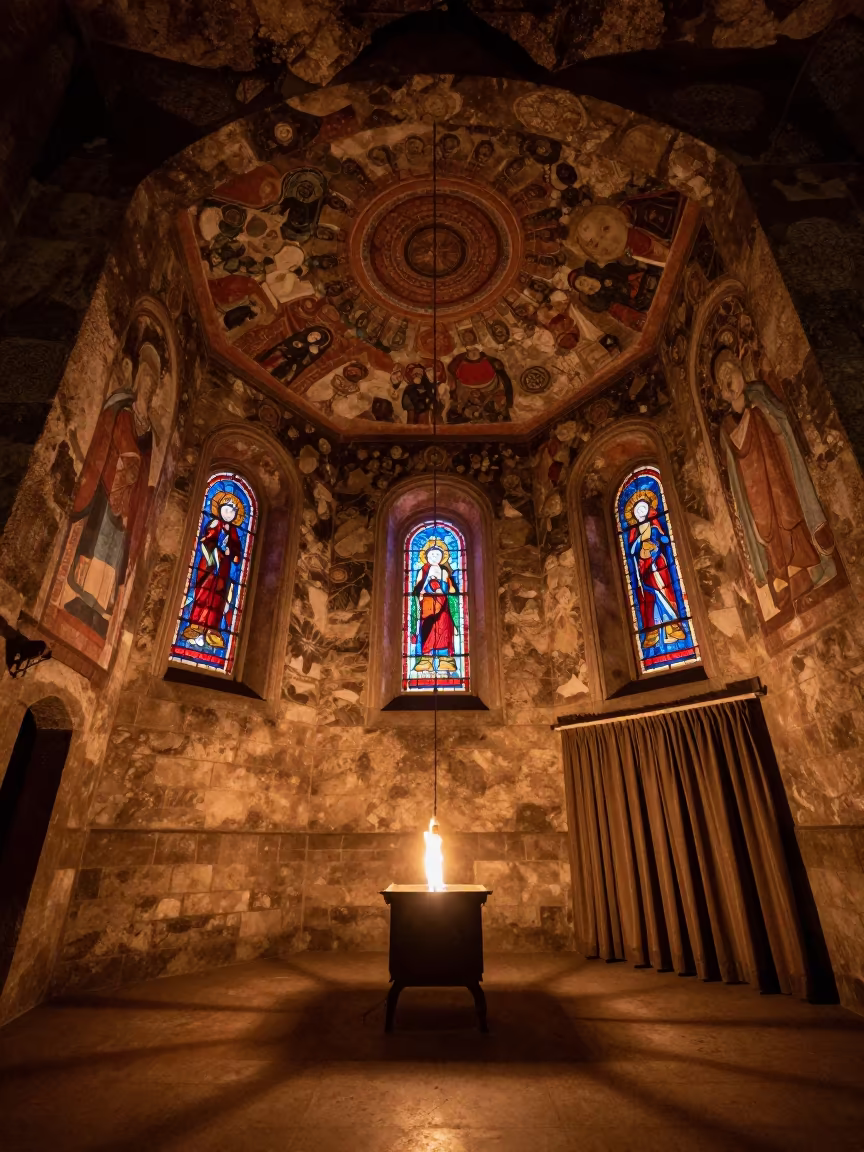 Buddhist Cave Chapel in Louisville Firelight in in a chapel lit by stained glass in Louisville