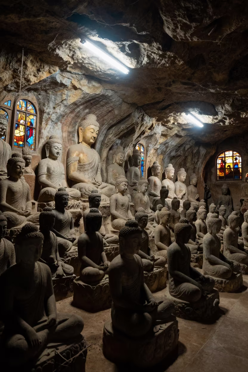 Buddhist Cave Temple Figures in Maceio Chapel in in a chapel lit by stained glass in Maceio