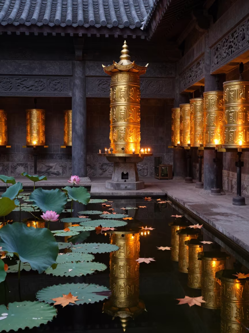 Buddhist Pagoda Reflection Lotus Pond Batman in beside a prayer wheel corridor in Batman