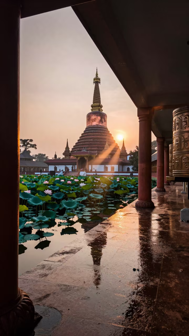 Buddhist Pagoda Reflection in Lotus Pond Benguela in beside a prayer wheel corridor in Benguela