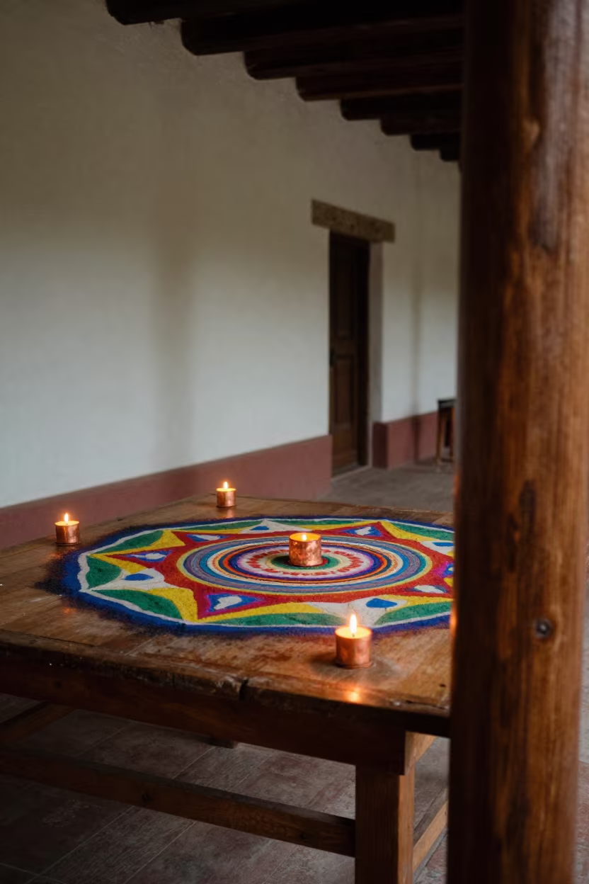 Buddhist Sand Mandala in Copper Light in along a monastery corridor in Chilpancingo de los Bravo