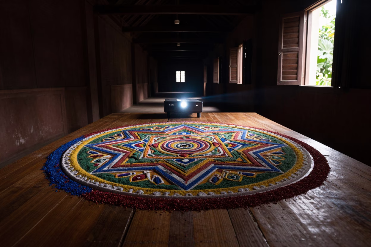 Buddhist Sand Mandala Near Completion in along a monastery corridor in Phrae