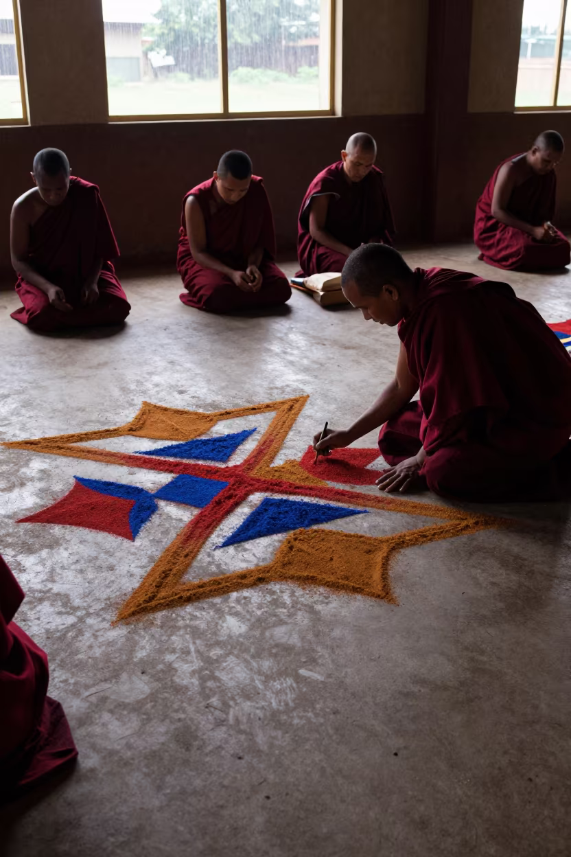 Buddhist Sand Painting Before Dawn in Yaounde Hall in in a prayer hall near Yaounde