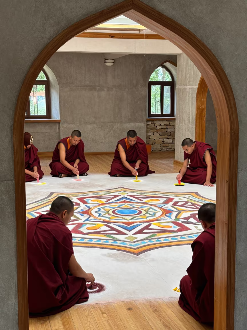 Buddhist Sand Painting Ceremony in Pristina Hall in in a ceremonial hall in Pristina