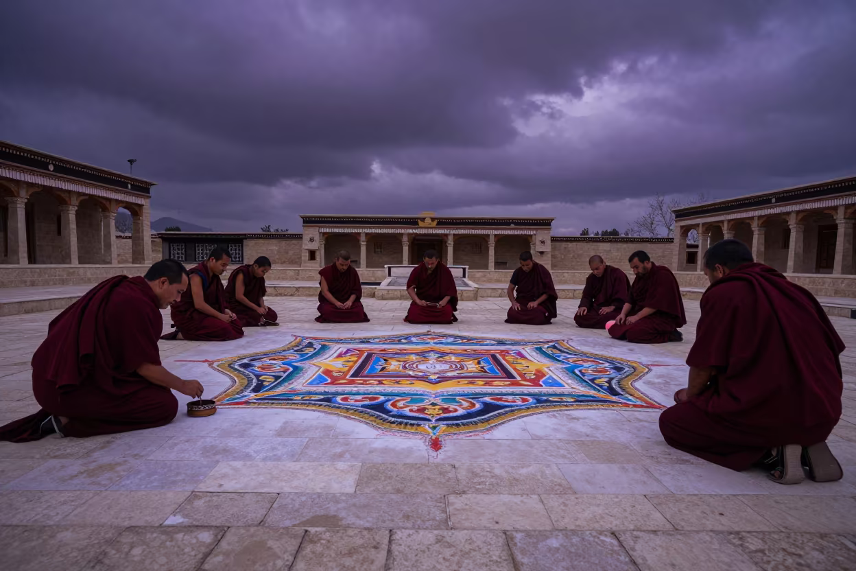 Buddhist Sand Painting Evening Latakia Temple in in a temple courtyard in Latakia