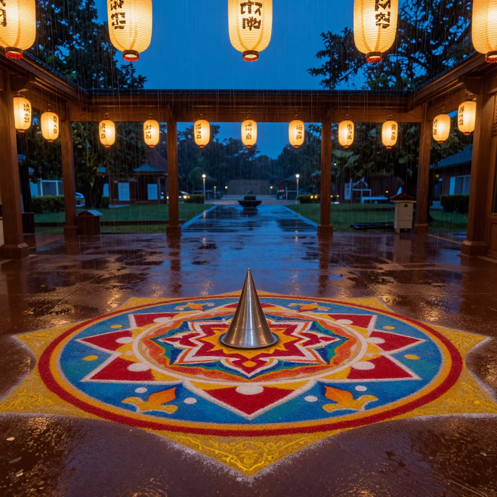 Buddhist Sand Painting in Raleigh Shrine in in a shrine lined with lanterns in Raleigh