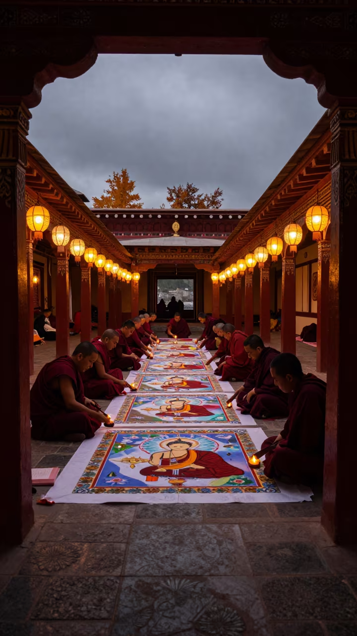Buddhist Sand Painting in Shillong Shrine in in a shrine lined with lanterns in Shillong