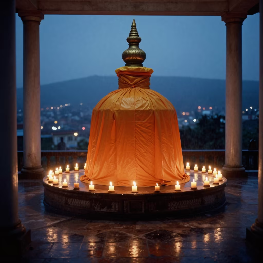 Buddhist Stupa Wrapped in Orange Cloth in inside a candlelit nave in Kumasi