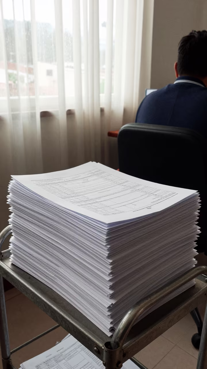 Budget Draft Stacks on Cart in Puno Office in inside a campaign office in Puno