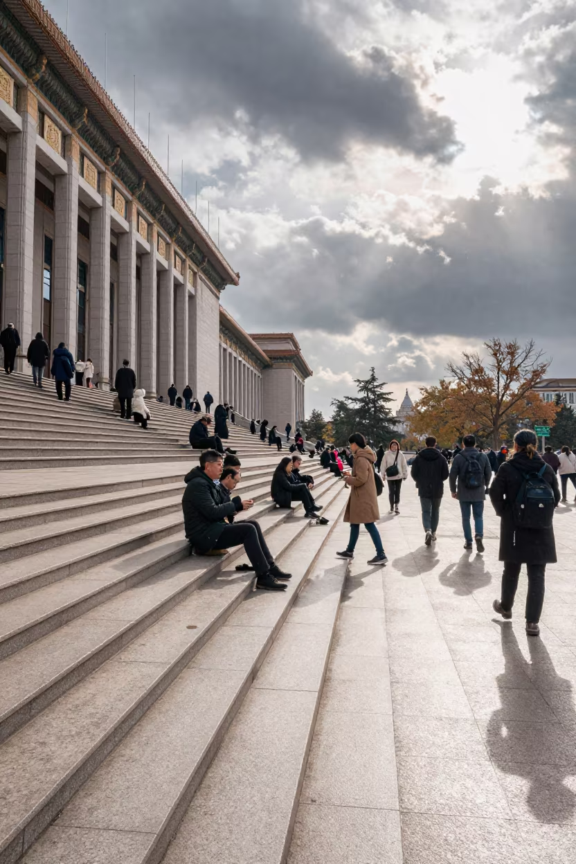 Budget Hearing Overflow on Beijing City Hall Steps in on the steps of city hall near Beijing