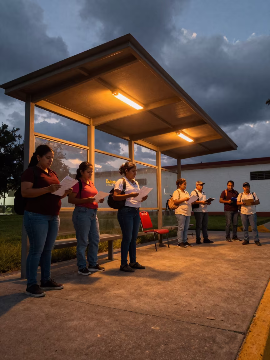 Budget Hearing Overflow at Culiacan Bus Shelter Dusk in inside a council chamber in Culiacán