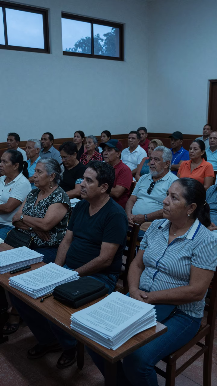 Budget Hearing Overflow at Dusk in Tlaquepaque in inside a council chamber in Tlaquepaque