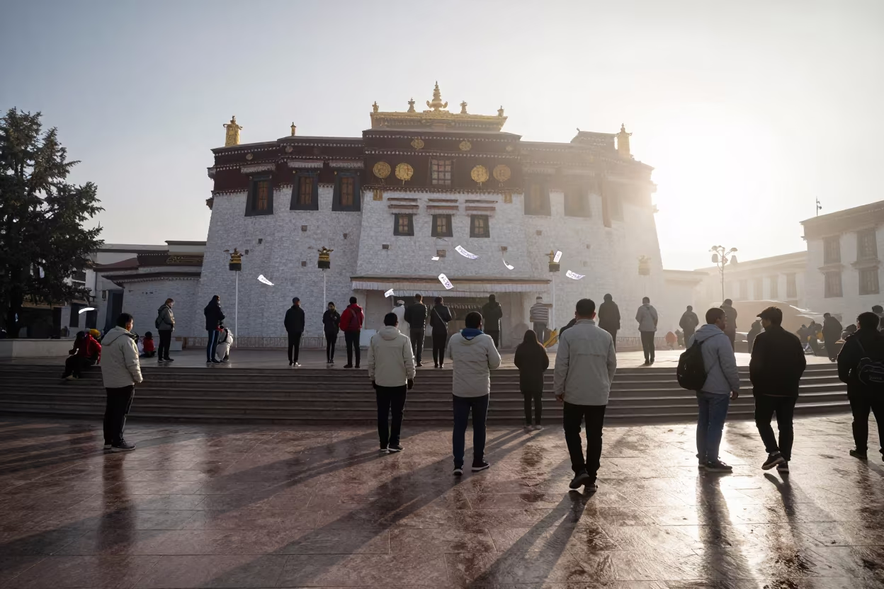 Budget Hearing Overflow at Lhasa City Hall in outside a polling station entrance near Lhasa