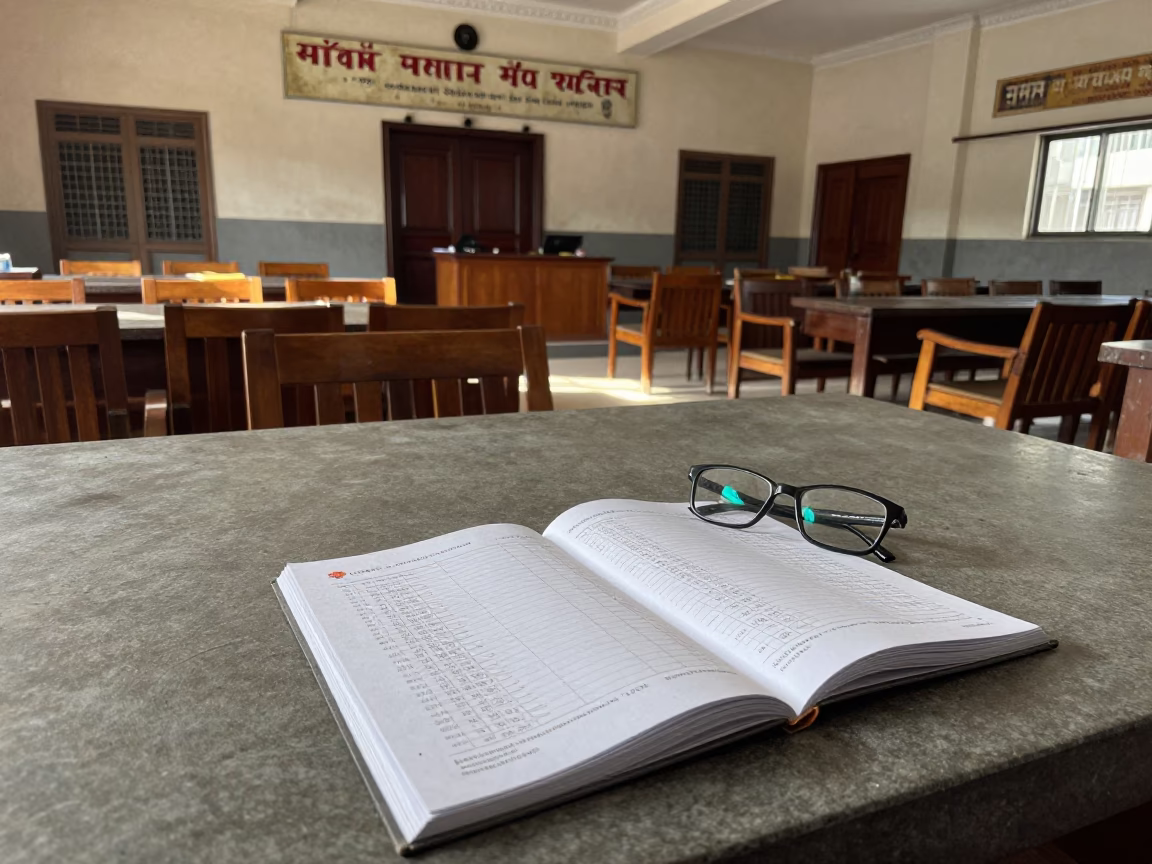 Budget Packet and Glasses in Eluru Council Chamber in in a fluorescent town hall meeting room in Eluru