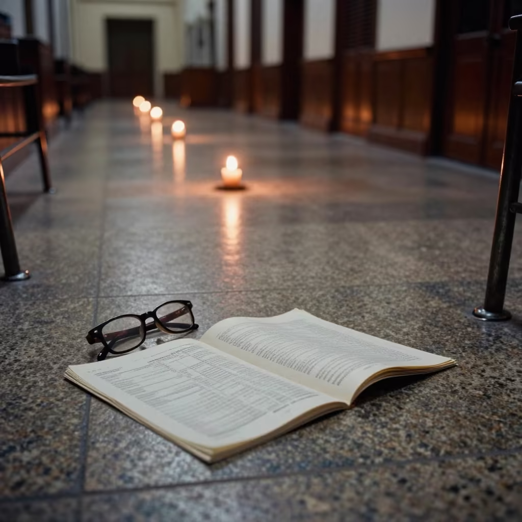 Budget Packet and Glasses in Maracaibo Hall in in a courthouse corridor in Maracaibo
