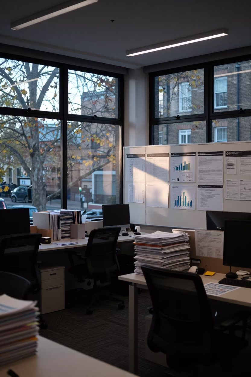 Budget Review Wall Early Morning London Office in inside an open-plan office bay in Brixton, London