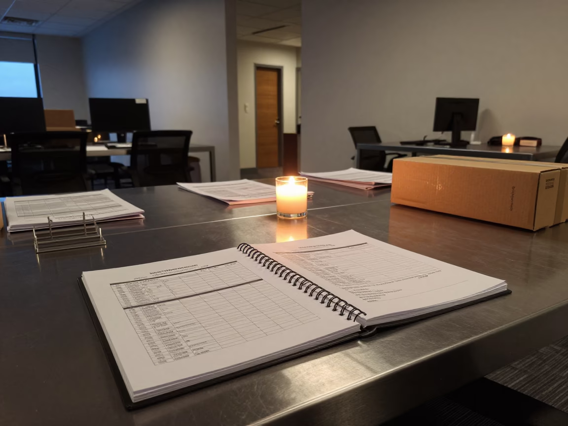 Budget Variance Binder in Evening Office Light in inside an open-plan office bay in Spokane