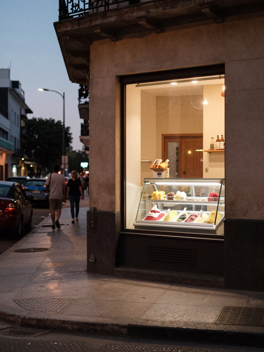 Buenos Aires Argentina Early Evening Street Scene with Iron Deadbolt and Gelato Display in in Buenos Aires, Argentina