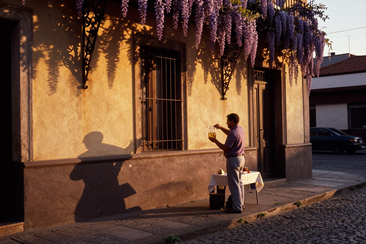 Buenos Aires Argentina Evening Street Scene with Glass Pitcher and Wisteria Bloom in in Buenos Aires, Argentina