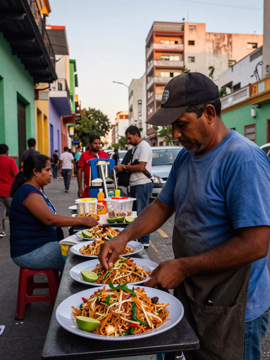 Buenos Aires Argentina Evening Street Scene with Local Food Vendor and City Skyline in in Buenos Aires, Argentina