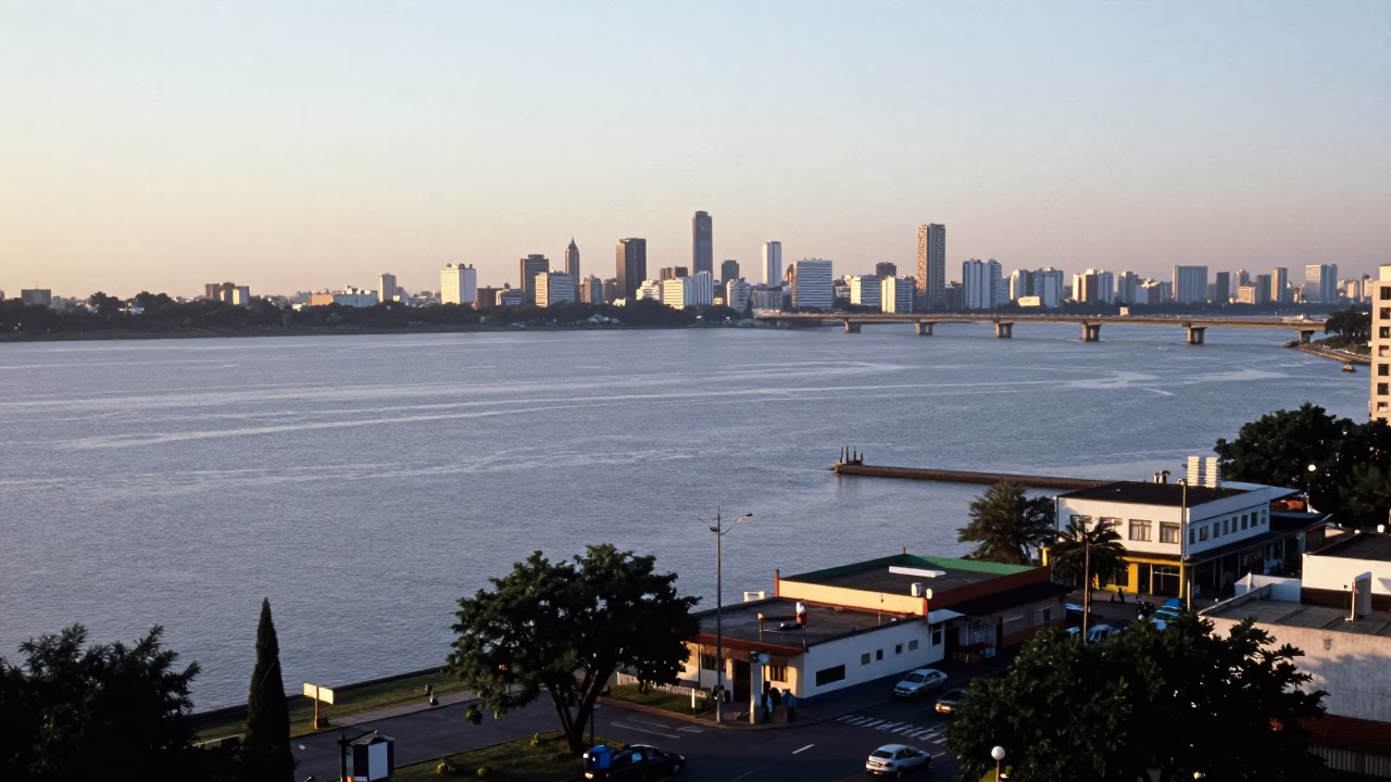 Buenos Aires Argentina First Light Riverfront Horizon Shot With Local Street Scene in in Buenos Aires, Argentina