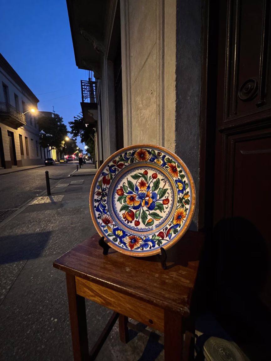 Buenos Aires Argentina predawn street scene with vintage Italian majolica plate and rusted runner in in Buenos Aires, Argentina
