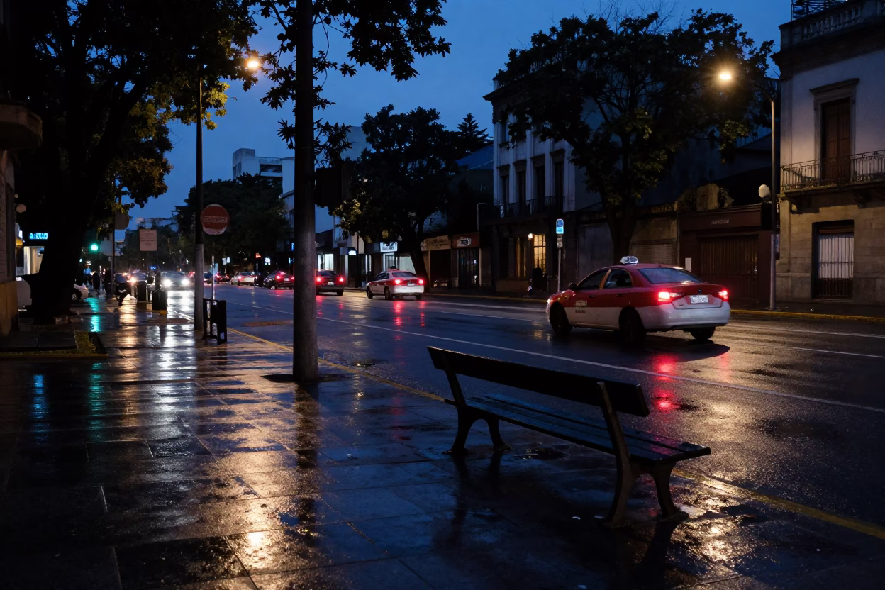 Buenos Aires Argentina predawn street scene with wet pavement reflections and neon signs in in Buenos Aires, Argentina