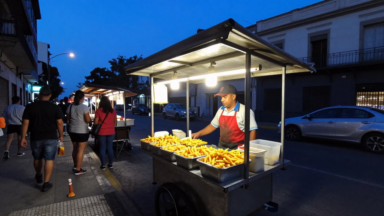 Buenos Aires Argentina street food vendor selling Belgian frites at blue hour in in Buenos Aires, Argentina
