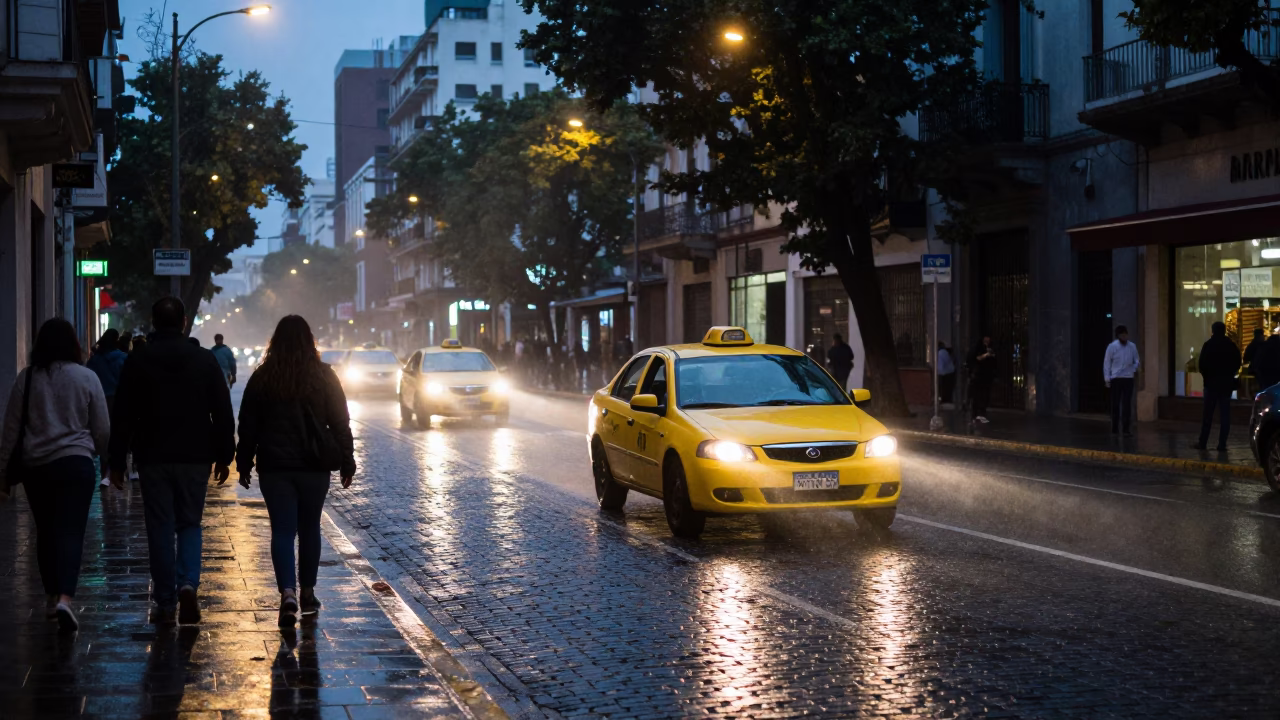 Buenos Aires Argentina street scene with commuters and yellow taxi in predawn darkness in in Buenos Aires, Argentina