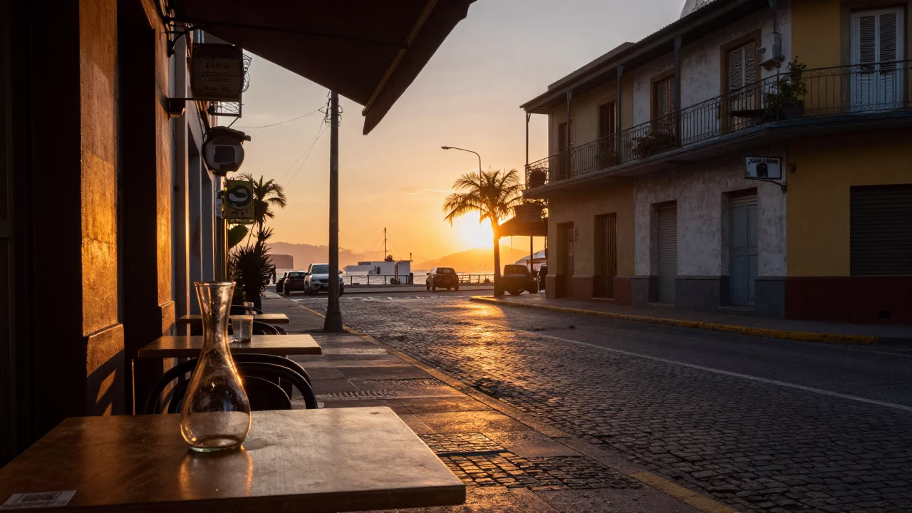 Buenos Aires Argentina Sunset Street Scene with Glass Carafe on Cafe Table in in Buenos Aires, Argentina