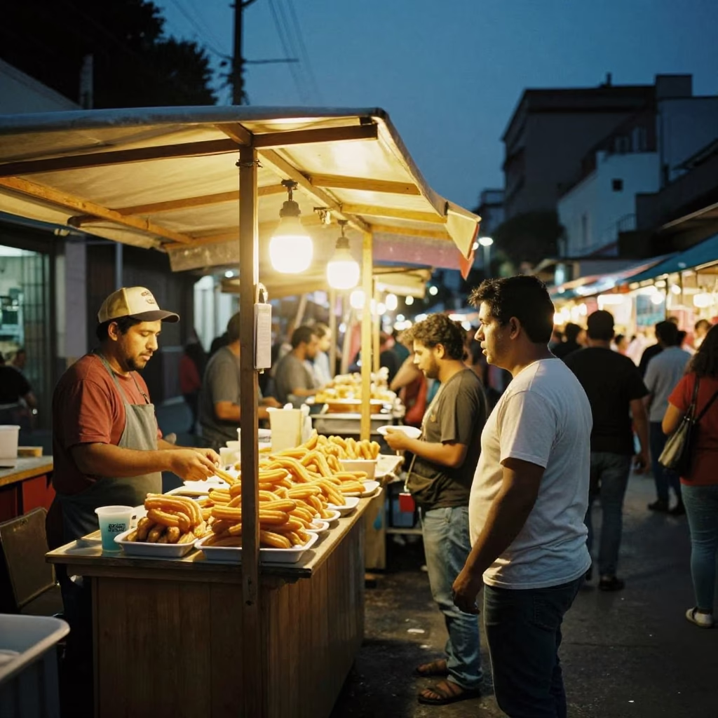 Buenos Aires Argentina Twilight Night Market Street Food Churros and Dulce De Leche in in Buenos Aires, Argentina