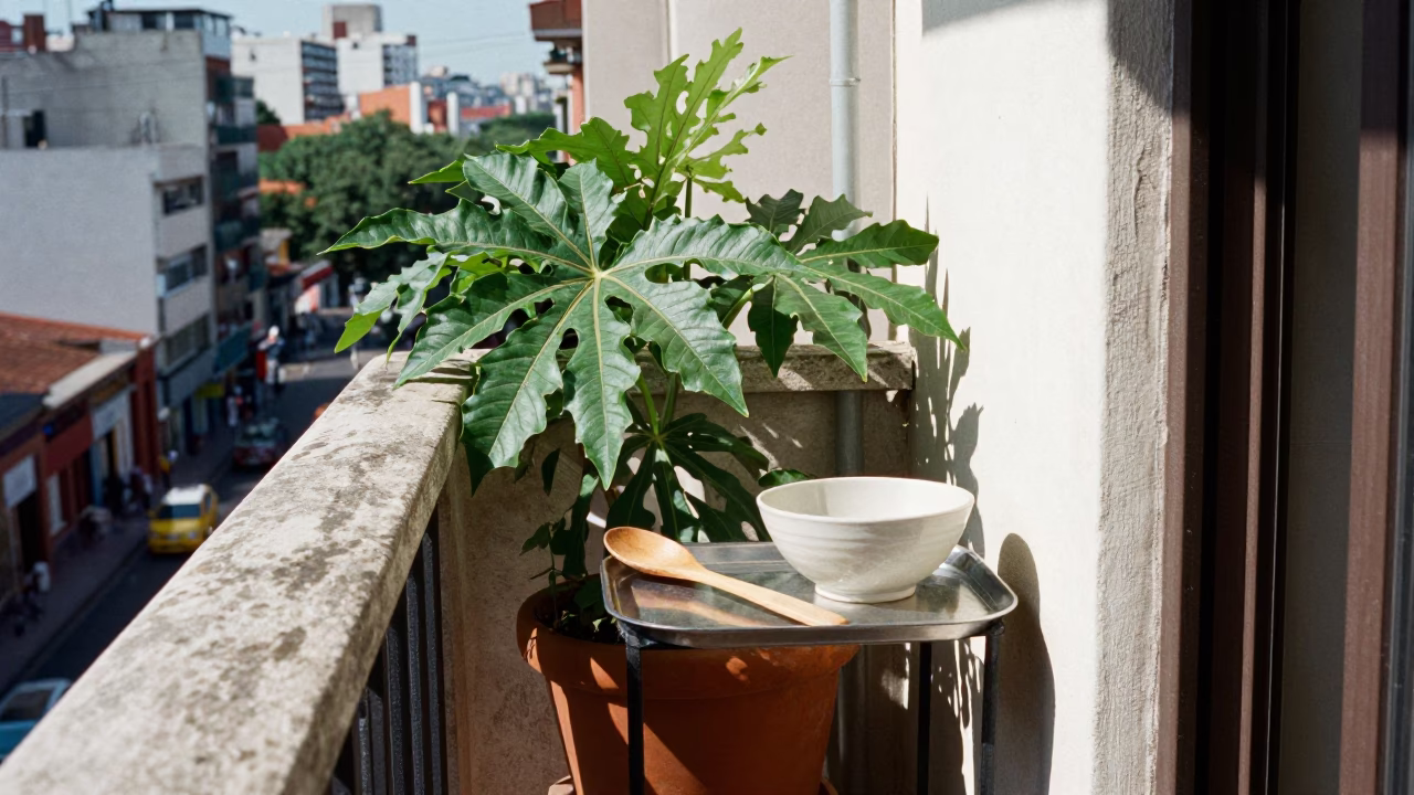 Buenos Aires balcony afternoon scene with houseplant and kitchen utensil in in Buenos Aires, Argentina