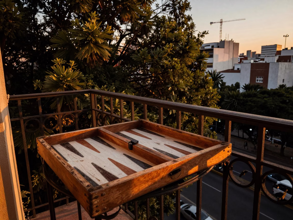 Buenos Aires Balcony Evening Light with Backgammon Board and Urban Life in in Buenos Aires, Argentina