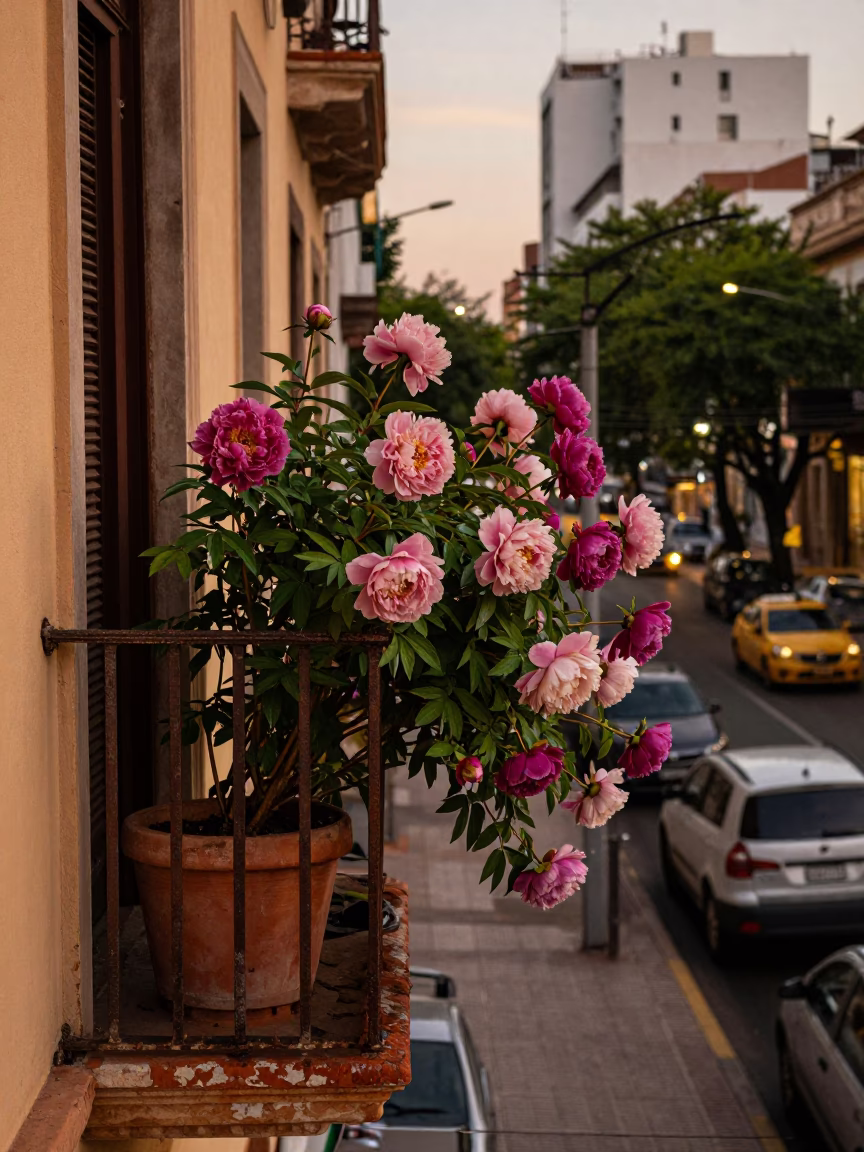 Buenos Aires Balcony Evening Scene with Peony Bush and Soap Residue in in Buenos Aires, Argentina