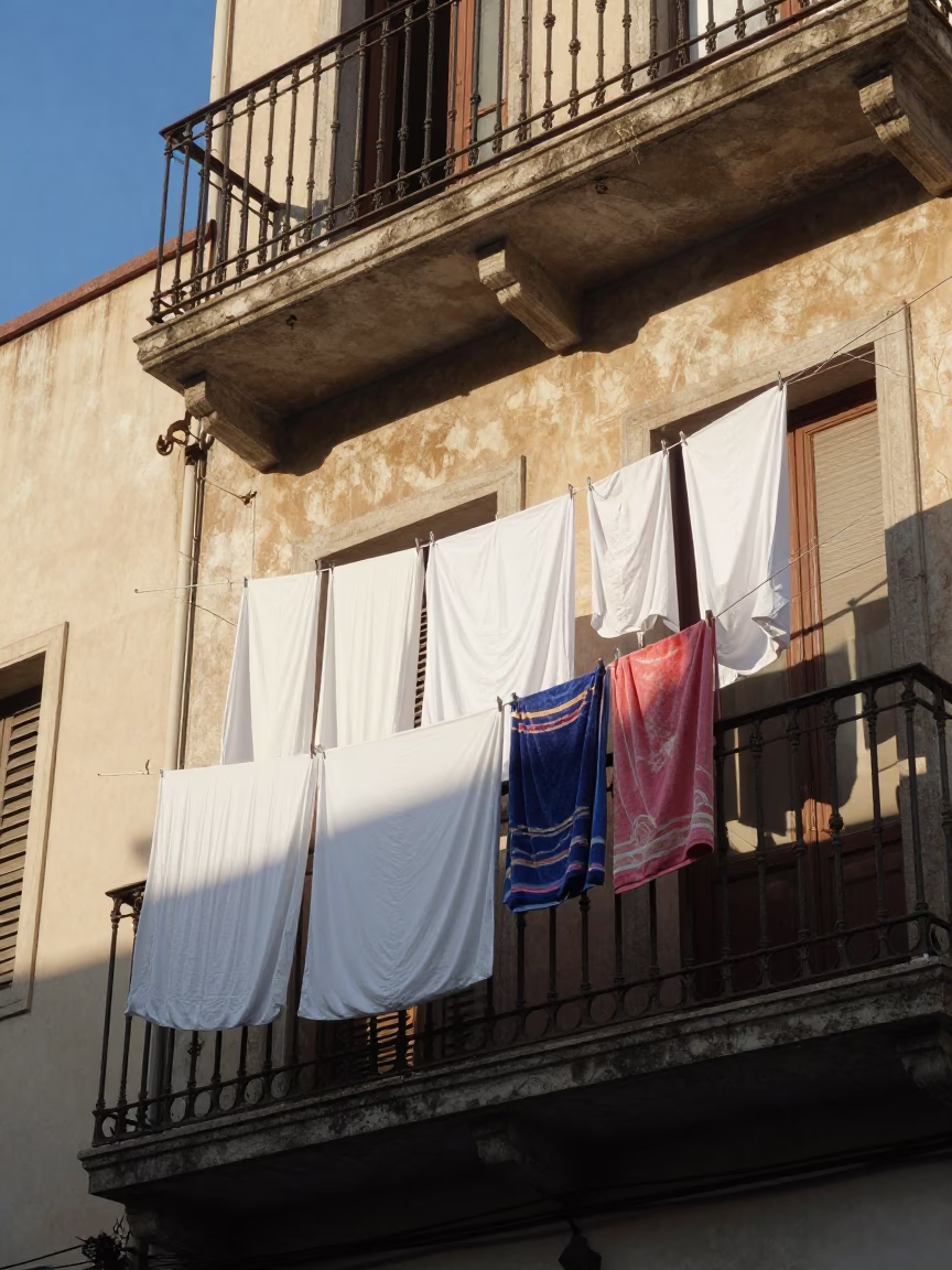 Buenos Aires Balcony Laundry Drying in Late Afternoon Sunlight in in Buenos Aires, Argentina