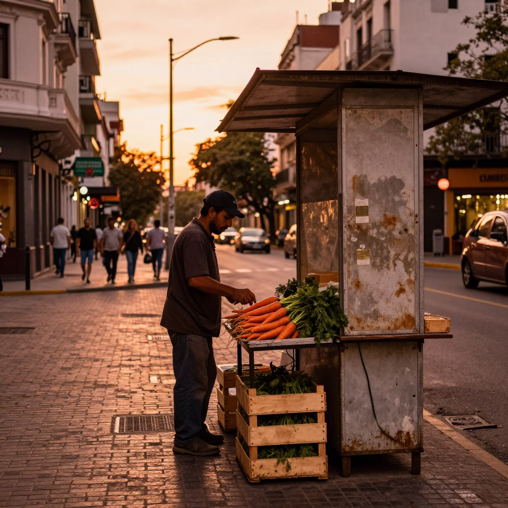 Buenos Aires Before Dusk Copper Light Street Scene with Carrots and Colored Bottle in in Buenos Aires, Argentina
