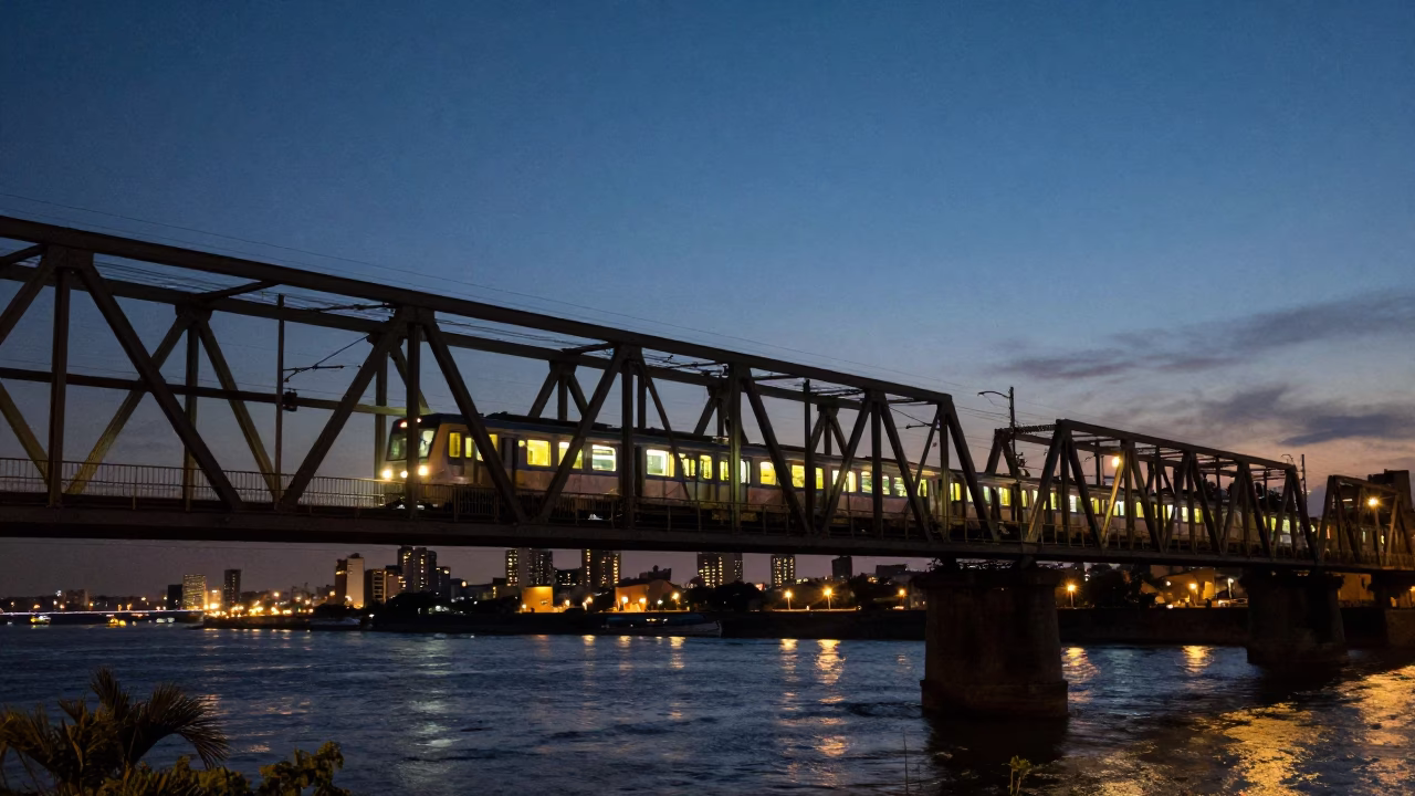 Buenos Aires Blue Hour Commuter Train Crossing Bridge City Lights Begin to Glow in in Buenos Aires, Argentina